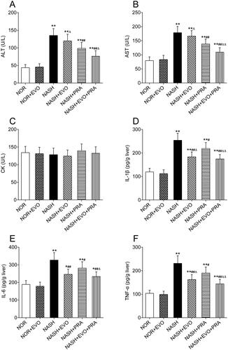 Figure 2. Effects of evodiamine alone and co-administered with pravastatin on the levels of ALT (A), AST (B), CK (C), IL-1β (D), IL-6 (E) and TNF-α (F). Data represent the mean ± SD of six rats. *p < 0.05, **p < 0.01 vs. Normal group; #p < 0.05, ##p < 0.01 vs. NASH group; Δp < 0.05, ΔΔp < 0.01 vs. NASH + PRA group. NOR, normal; EVO, evodiamine; PRA, pravastatin.