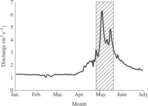 Figure 1. Mean daily discharge (solid line) and time period of observed rainbow trout movement during spawning (diagonal lines) for radio-tagged rainbow trout in Spearfish Creek, South Dakota, from 1 January to 30 June 2007.