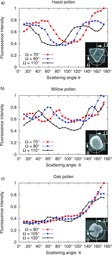 FIG. 4 Angular distribution of the fluorescence light for three different orientations of the fiber with respect to the laser beam of incidence as indicated: (a) Hazel (lat. Corylus) pollen, (b) willow (lat. Salix alba) pollen, and (c) oak (lat. Quercus robur) pollen.