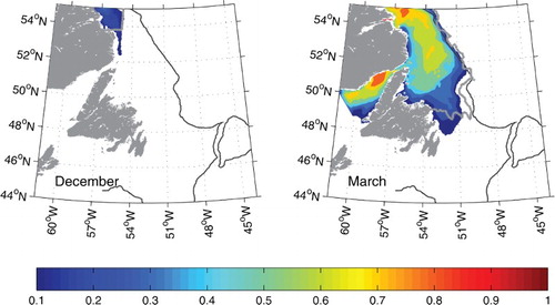 Fig. 5 Model sea-ice concentration of 0.1 south of 55°N in December and March, for the year with the median modelled sea-ice extent for 1979 to 2010. The observed areal sea-ice boundary with a sea-ice concentration of 0.1 (thick grey line) is also shown, for the year with the median observed sea-ice extent over the same period. The 1000 m isobath (solid line) is depicted.