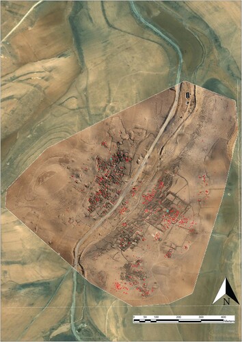 Figure 12. A plan of the pits excavated between June 2020 and August 2020 (marked in blue; red indicates all the pits documented). Based on analysis of satellite imagery available on Google Earth.