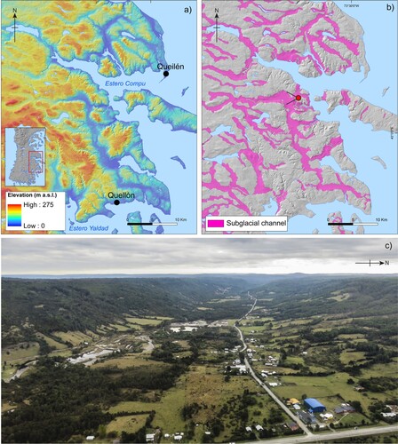 Figure 6. (a) ALOS PALSAR digital elevation model of the subglacial channels located in the eastern shore of Isla Grande de Chiloé between Queilen and Quellón (Figure 1(c)). (b) Geomorphic map of the area illustrating the extent of major subglacial channels. (c) Oblique aerial overview of a subglacial channel. The location and direction are indicated by a red circle with lines in 6b.