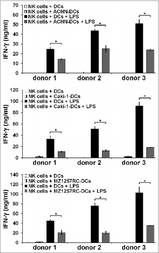 Figure 8. ccRCC cells impair slanDC-mediated activation of NK cells. ccRCC cell-pretreated slanDCs were co-incubated with NK cells in the presence of LPS. Subsequently, supernatants were collected and IFNγ concentration was determined by ELISA. The results of three different donors are presented as mean ± s.e. of triplicate determinations. Statistical significance was calculated by the Student´s t-test. Asterisks indicate a statistically significant difference (P < 0.05).