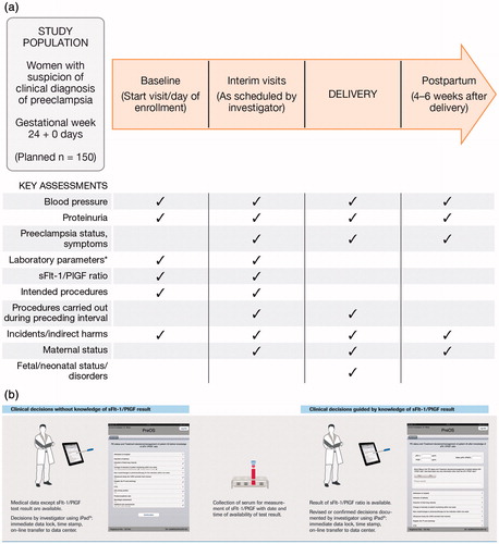 Figure 1. (a) Study design and key assessments. (b) Study flow chart: influence of sFlt-1/PlGF test result on clinical decision-making. Study design (a) and data collection overview (b). *Laboratory parameters tested include hematocrit, thrombocyte counts and serum levels of aspartate aminotransferase, lactate dehydrogenase, bilirubin (indirect), uric acid, haptoglobin and creatinine.