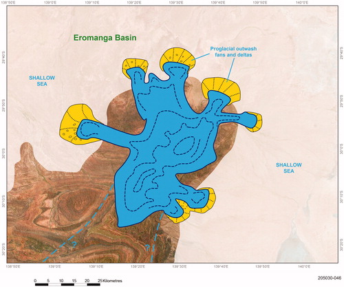 Figure 33. Reconstruction of Livingston Glaciation at its maximum. Proglacial outwash fans and deltas are shown in yellow.