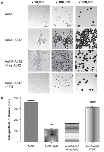 Figure S2 Precipitation pattern of AuNP–Aβ42 with or without TTR or free Aβ42. Images were taken before the TEM analysis in Figure 5.Abbreviations: Aβ42, amyloid β42; AuNP, gold nanoparticle; TEM, transmission electron microscopy; TTR, transtyretin.