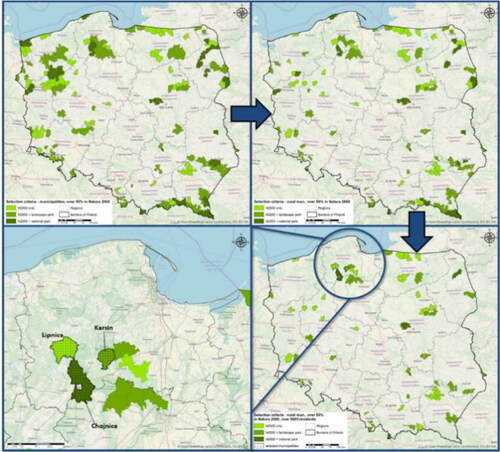 Figure 2. Study area selection: 1) municipalities with more than 50% Natura 2000 coverage (n = 241 out of 2477); 2) rural municipalities (n = 138 out of 241); 3) more than 5,000 residents (n = 81 out of n = 138); 4) selected municipalities.
