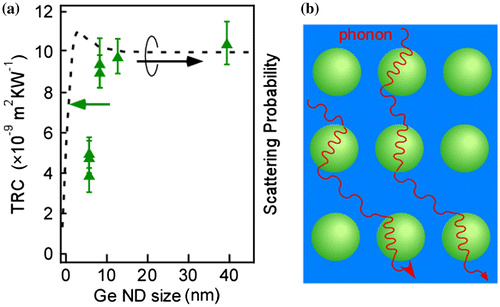 Figure 15. The Ge ND size dependence of the TRC in Si films containing Ge NDs with the rough tendency of phonon scattering probability (the dashed line) (a) and the schematics of phonon scattering and transports (b). Reprinted (adapted) with permission from Yamasaka et al. [Citation7]. © 2015 Springer Nature.