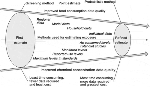 Figure 1. Stepwise approach to obtain realistic dietary exposure assessement (IPCS, Citation2009b, EHC 240).