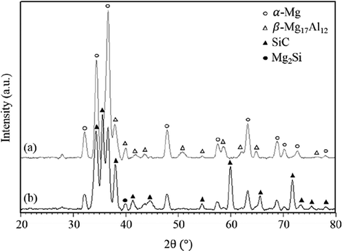 Figure 7. XRD patterns of (a) MM AZ91D powder and (b) MA composite powder.