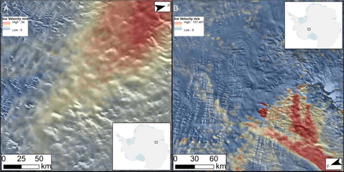 Figure 7. LSSs occurring in onset zones. Images from MODIS, velocity data from CitationRignot et al. (2011). (A) Subtle features at the onset to Lambert Glacier. (B) Onset zones of Whillans and Kamb Ice Streams.