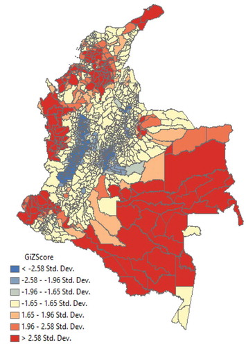 Map 5. Hot spots (red) of UBN Indices at a municipal level in Colombia. Years 2005