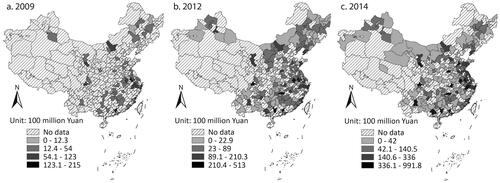Figure 1 City-level Chengtou bond issuance in (A) 2009, (B) 2012, and (C) 2014.