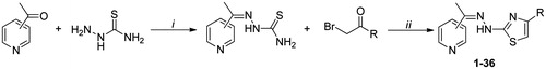 Scheme 1. Synthesis of (thiazol-2-yl)hydrazone derivatives 1–36. Reagents and conditions: (i) EtOH, acetic acid (cat.), rt; (ii) EtOH, rt. For substituents (R) see Tables 1–3.
