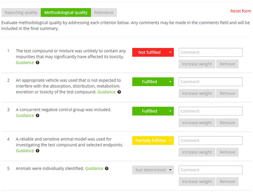 Figure 2. Screen shot of the online SciRAP tool, showing part of the form for evaluating methodology quality. The evaluation is recorded by selecting a pre-defined evaluation statement (fulfilled, partially fulfilled, not fulfilled or not determined) and justifying the assessment with a comment.