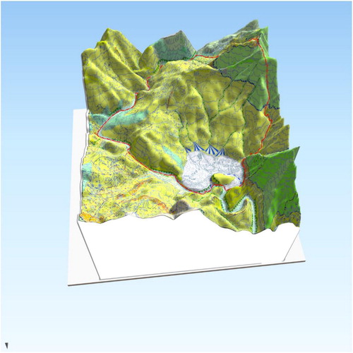 Figure 5. 3D-block diagram of the study area based on the geologic and geomorphologic map (perspective view is to the south). The 3D model has been obtained draping the main map of this study over the Digital Terrain Model (Geoportale Regione Liguria – https://geoportal.regione.liguria.it).