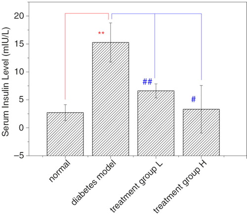 Fig. 3 Effect of GD on the serum insulin level in diabetic mice. After 4 weeks of GD treatment in high-fat diet and STZ-induced type 2 diabetic mice, the serum insulin level was measured in mice during the fasting state. Treatment group L: 1.2% GD-treated diabetic group; treatment group H: 4.8% GD-treated diabetic group. Data are expressed as mean±SD. **p<0.01, versus the normal group; # p<0.05 and ## p<0.01, respectively, versus the diabetic model group.