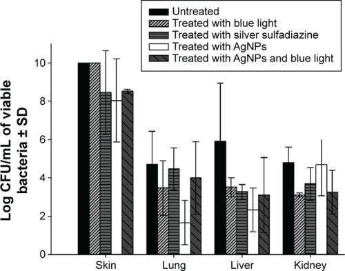 Figure 4 Effect of silver nanoparticles (AgNPs) in combination with blue light in preventing wound colonization and invasive sepsis by Pseudomonas aeruginosa in a murine model.Notes: The AgNPs at 8 mg/mL, alone and in combination with blue light, were tested to prevent burn wound infection and dissemination by P. aeruginosa. The combined therapy was more effective to reduce the bacterial load in the wound compared to other treatments; other treatments failed to prevent dissemination to internal organs except to the liver. Error bars represent SD.Abbreviation: SD, standard deviation.