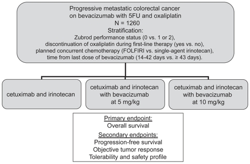 Figure 1 S0600/iBET schema: irinotecan and cetuximab with or without bevacizumab in treating patients with metastatic colorectal cancer that progressed during first-line therapy.