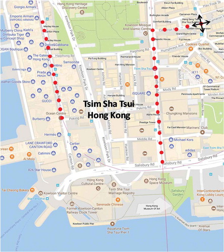 Fig. 2. Measurement points at Tsim Sha Tsui (Hong Kong), with arrows showing the four directions of measurement at each point. The measurements were taken on both sides of the road, with a total of eight measurements at each point.