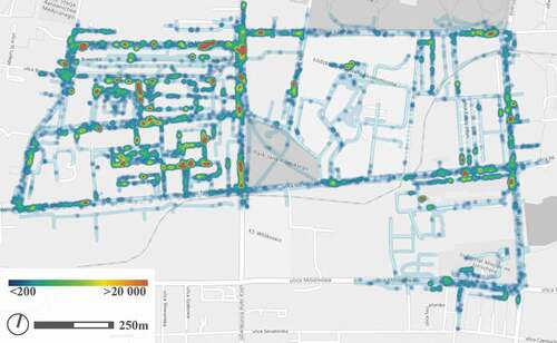 Figure 5. The intensity of pedestrian traffic in Księży Młyn between 6 a.m. and 10 a.m. (number of transits/day/m2)