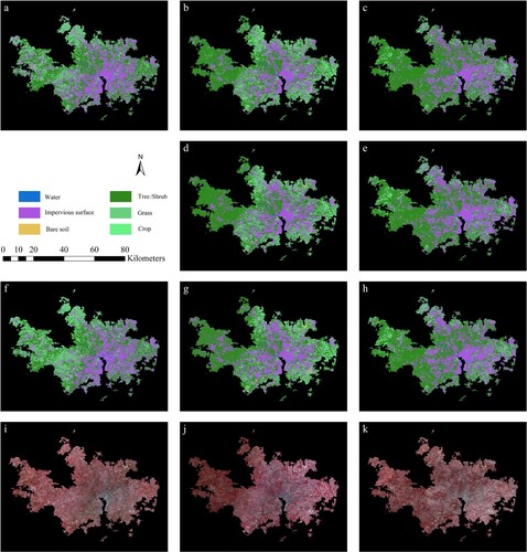 Figure 3. Classification results of Washington, D. C. using RF classifier. a) 1979 images classified using 1000 samples in 1979; b) 1982 images classified using 1000 samples in 1979; c) 1984 images classified using 1000 samples in 1979; d) 1982 images classified using unchanged samples from 1979; e) 1984 images classified using unchanged samples from 1979; f) 1979 images classified using 300 samples in 1979; g) 1982 images classified using 300 samples in 1982; h) 1984 images classified using 300 samples in 1984; i) the study area in 1979 (Landsat MSS false-color composite image with green, red, and near-infrared bands); j) the study area in 1982; k) the study area in 1984.