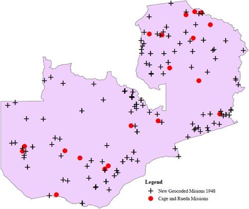 Figure 6. Cagé and Rueda missions (Citation2020) versus new geocoded (1948) missions for Zambia.