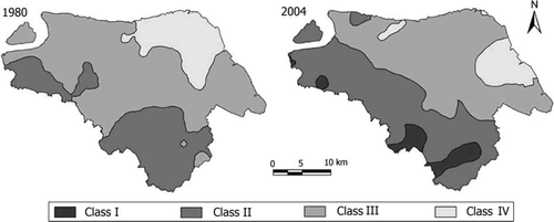 Figure 2  Distribution of soil quality index of Zhangjiagang County in 1980 and 2004.