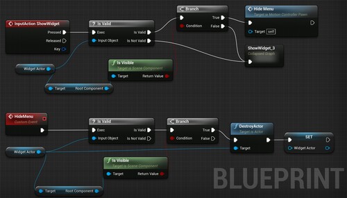 Figure 16. Part of the logic developed by Just2devs to show and hide a floating menu with a constant position and orientation relative to the user's view, invoked or hidden with the A button of the Oculus Rift gamepad.