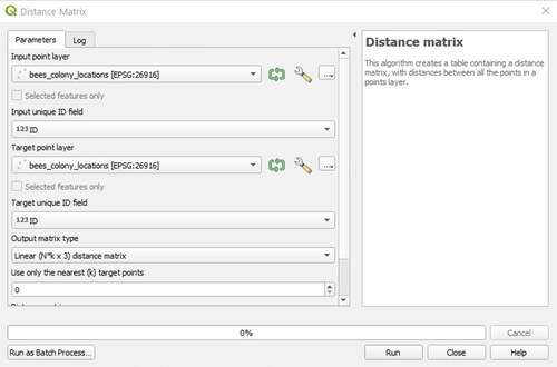 Figure 93. Generating a distance matrix between point vector layer(s).