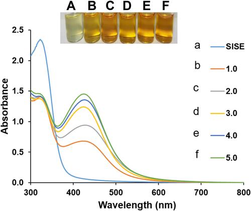 Figure 1 UV-V is absorption spectra of SISE AgNPs synthesis under different concentrations of AgNO3, (a) SISE (b) 1.0 (c) 2.0 (d) 3.0 (e) 4.0 (f) 5.0 mM, inset shows the photo images.