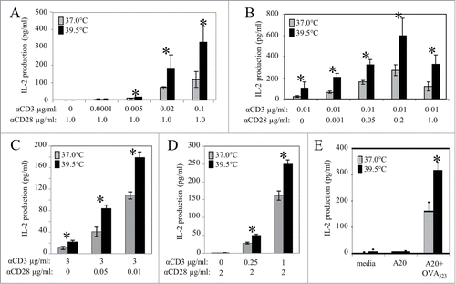 Figure 1. Mild heating augments IL-2 production by CD4+ T cells and reduces the requirement for CD28-mediated co-stimulation. (A, B) Human peripheral blood (HPB) CD4+ T cells were pre-incubated at 37°C (gray bars) or 39.5°C (black bars) for up to 6 hours prior to activation with stimulating Abs. HPB CD4+ T cells were stimulated with anti-CD3 Ab in combination with increasing concentrations of anti-CD28 Ab (A), or anti-CD28 Ab in combination with increasing concentrations of anti-CD3 Ab (B). After 24 hrs at 37°C IL-2 production was measured by ELISA assay. (C) Jurkat T cells were pre-incubated at 37, and 39.5°C for 6 hours and stimulated using 3μg/ml of plate-bound anti-CD3 in combination with 0, 0.05, and 0.1μg/ml of soluble anti-CD28 for 24 hours at 37°C. Spent media was collected and the level of IL-2 cytokine in the supernatant was detected by an ELISA. (D) Jurkat T cells were pre-incubated at 37, and 39.5°C for 6 hours and stimulated using 2μg/ml of soluble anti-CD28 in combination with 0, 0.25, and 1μg/ml of plate-bound anti-CD28 for 24 hours at 37°C. Spent media was collected and the level of IL-2 cytokine in the supernatant was detected by an ELISA. (E) OVA-specific CD4+ T cells isolated by negative selection from the spleens of DO11.10 transgenic mice were incubated at 37 (gray bars) and 39.5°C (black bars) as above and stimulated with OVA pulsed A20 cells at 37°C for 24 hrs before the amount of IL-2 in the supernatant was determined by ELISA. *p < 0.05, when comparing the data at 37 vs. 39.5°C using an unpaired Student's t-test. The results are expressed as the mean ±s.d. and are representative of 3 or more independent experiments