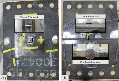 Figure 5. Geometries of the specimen and artificial crack: (a) plane specimen (b) welded specimen.