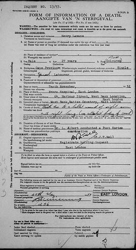 Figure 4. The death certificate for Henry Lavans. (Source: ‘South Africa, Cape Province, Civil Records, 1840–1972’, database with images, FamilySearch, accessed at https://familysearch.org/ark:/61903/1:1:Q2QM-8J68, retrieved 10 March 2021. Henry Lavans, 10 November 1952, East London, Cape Province, South Africa; citing National Archives, Pretoria; FHL microfilm 1,796,207.)