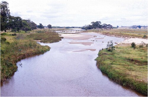 Figure 1. A sand-bed river in Victoria, Australia with floodplain and in-channel sediments influenced by post-European settlement erosion (see Portenga et al., Citation2016). I forget the precise location, but the image is memorable as the photograph was taken on the day when I first met Paul Bishop.