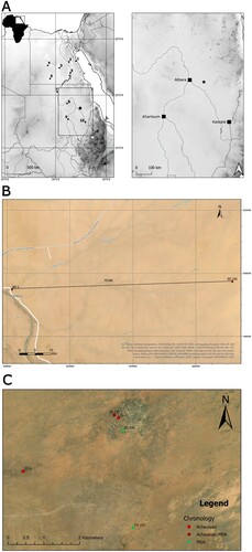 Figure 1. Maps with location of sites. A) Location of sites in Sudan and Egypt mentioned in the text (EDAR sites marked with a star). 1) Sodmein Cave, 2) Taramsa 1, 3) Kharga Oasis, 4) Dakhla Oasis, 5) Wadi Kubbanyia, 6) Bir Tarfawi, 7) Sai Island 8-B-11, 8) BP 177, 9) Khor Abu Anga, and 10) Khashm el Girba. B) Location of the EDAR area in Eastern Desert. C) Location of all EDAR sites mentioned in text.