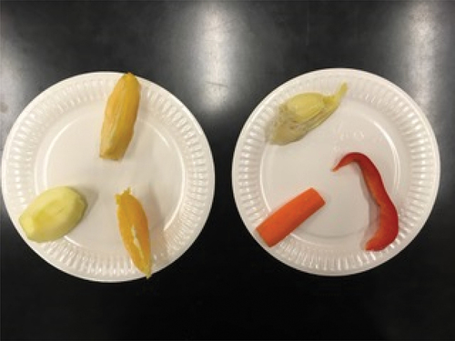 Figure 2. Plate with three fruits (apple, orange, persimmon) and three vegetables (artichoke, carrot, red pepper) presented to participants during the taste test.