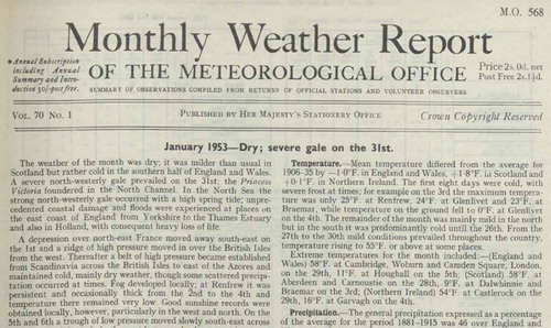 Figure 2. Extract from the January 1953 Monthly Weather Report. This includes the extreme coastal flood event that caused over 2000 deaths in norhtwest Europe. (Source: Met Office Monthly Weather Reports © Crown Copyright. Contains public sector information licensed under the Open Government Licence v1.0).