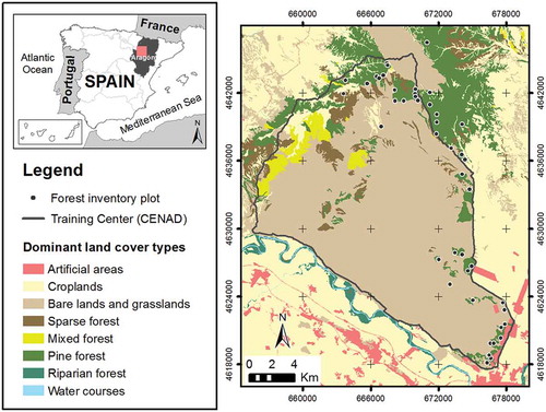 Figure 1. Land cover types of the study area and locations of 45 forest inventory plots.