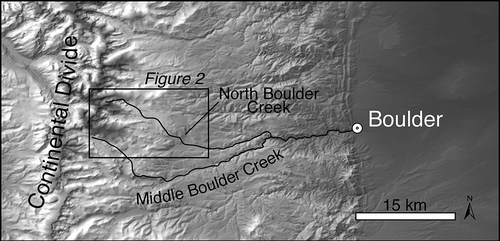 FIGURE 1 Shaded relief map of the Colorado Front Range showing North and Middle Boulder Creeks. Black box outlines the location of our study site in Green Lakes and Arapaho Valleys (see Fig. 2).