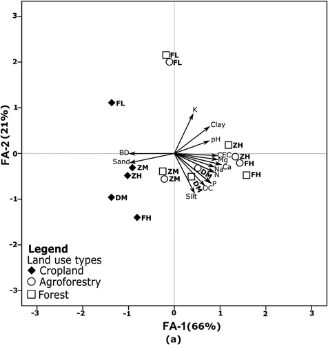 Figure 3. Biplot of topsoil physico-chemical characteristics of 5 study sites. Land use types: forest, agroforestry and cropland. Study sites: FH = Faketen high, DM = Dakin middle, ZH = Zemika high, ZM = Zemika middle and FL = Fanika low. Soil physico-chemical characteristics: BD = bulk density, Soil texture (sand, silt and clay), OC = organic carbon, N = total nitrogen, CEC = cation exchange capacity, P = available phosphorus, K = available potassium, Mg = exchangeable magnesium, Ca = exchangeable calcium, N a = exchangeable sodium. The arrow represents the direction of high weighting of soil physico-chemical characteristics in the first factor axis (FA-1) and in the second factor axis (FA-2). The first and second PCA of the topsoil explains 87% of the variation between individuals.