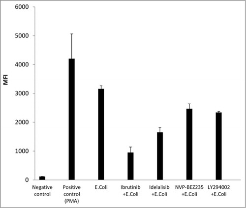 Figure 4. Effect of tyrosine kinase inhibitors ibrutinib, idelalisib, NVP-BEZ235, and LY294002 on phagocytic activity of normal human neutrophils. Phagocytic activity was evaluated using the FagoFlowEx® Kit after the stimulation of neutrophils with E. coli bacteria, in the presence of 10 μM of ibrutinib, idelalisib, NVP-BEZ235 or LY294002. Phorbol 12-myristate 13-acetate (PMA) was used as positive control. Median fluorescence intensity (MFI) is reported. Means ± SD of 2 independent experiments are shown.