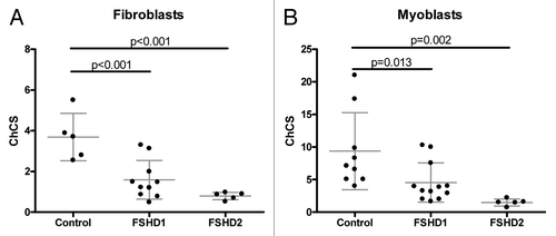 Figure 2. Scatterplot of ChCS in fibroblasts (A) or myoblasts (B) of controls, FSHD1 and FSHD2 patients. Individual samples are represented by individual data points. Mean values with 1xSD are indicated.