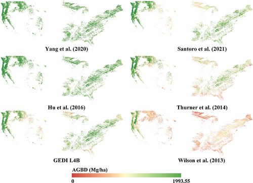Figure 8. Comparison of the spatial distribution of GEDI L4B with 5 other AGBD products.