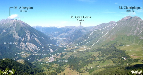 Figure 4. The Monte Ciantiplagna rock avalanche. The alluvial plain formed as a consequence of the blockage of the Chisone River is visible in the background. Arrows indicate the travel path of the rock avalanche. In the center of the image is visible the deep gorge carved by the Chisone River. Photo taken from the Serre Marie fort (2109 m a.s.l.), view looking West.