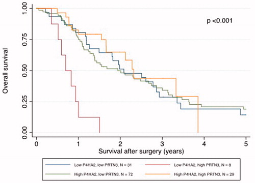 Figure 3. Overall survival curves by P4HA2 and PRTN3 expression status in patients with pancreatic cancer.