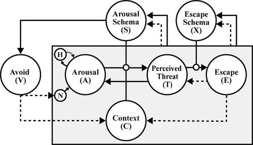 Figure 2. The causal diagram of the computational model of Panic Disorder by Robinaugh et al. (Citation2019). The components within the grey box are fast-changing processes at a time scale of minutes; the components outside are slow-changing processes on a time scale of days.