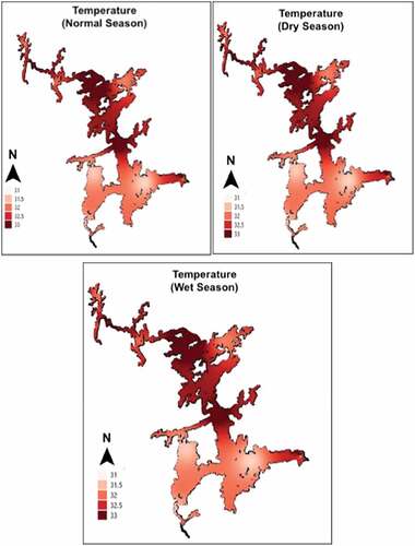 Figure 13. Spatial distribution of temperature during normal, dry, and wet seasons.