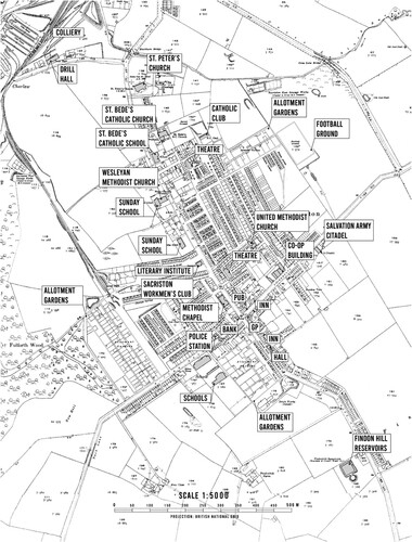 Figure 2. Social infrastructure in Sacriston, County Durham, UK, 1910.Note: Scale = 1:5000.Source: Digimap Historic Roam, https://digimap.edina.ac.uk/historic (downloaded on 1 October 2021) (adapted by the authors).
