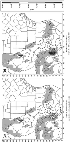 Figure S6. Ozone difference maps for combined VOC reductions with a 25% NOx reduction: a) 25% VOC reduction, b) 50% VOC reduction.